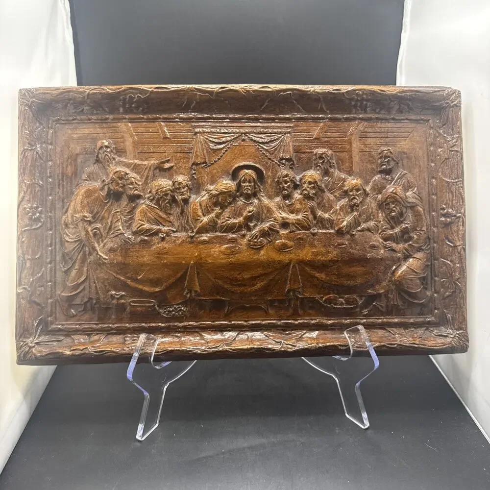 Vintage 3D Jesus LAST SUPPER Wall Religious Plaque Faux Wood Relief Carving